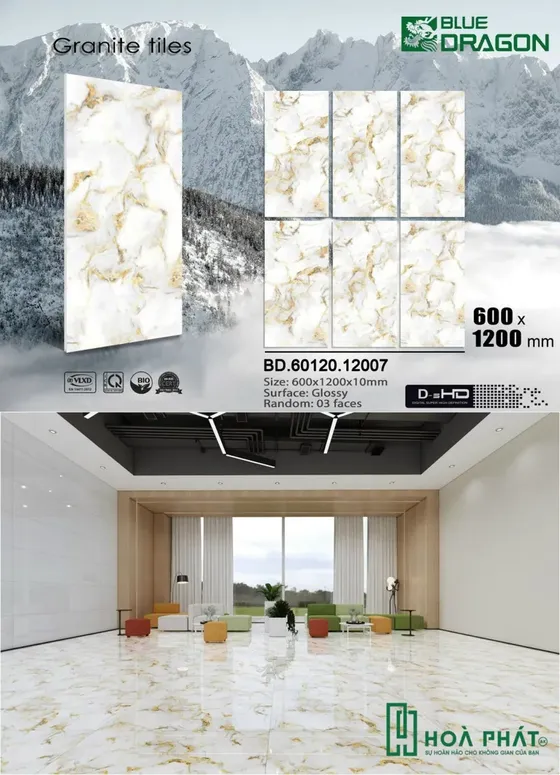 Gạch lát nền 60x120 đá bóng trắng vân xám vàng BD 12007