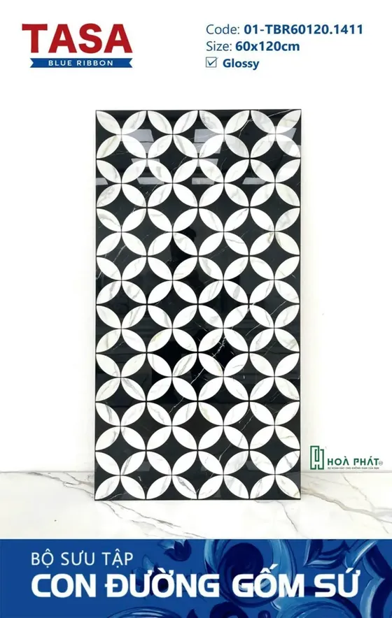 Gạch lát nền 60×120 1411 DECOR điểm đồng tiền nền đen Glossy