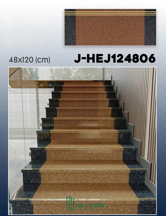 Gạch cầu thang 48x120 J-HEJ124806 hoa cương đen đỏ khắc kim siêu bóng nhập khẩu