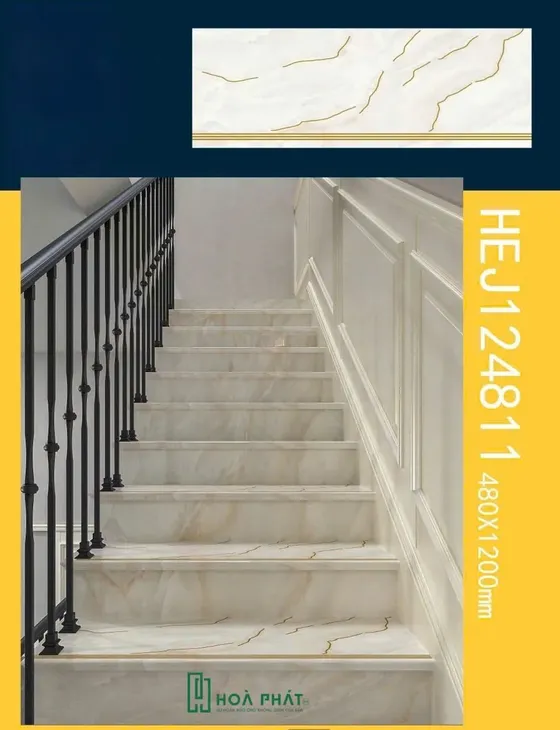 Gạch cầu thang 48x120 J-HEJ124811 vân đá màu kem khắc kim siêu bóng nhập khẩu