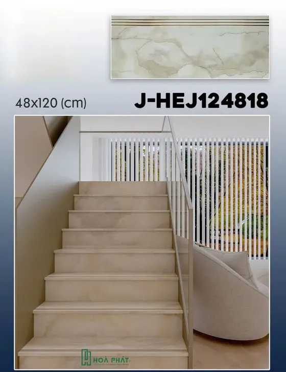 Gạch cầu thang 48x120 J-HEJ124818 vân đá vàng kem khắc kim siêu bóng nhập khẩu