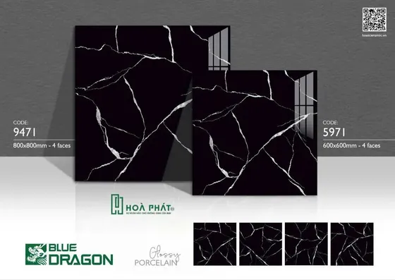 Gạch lát nền 60×60 5971 đen vân tia chớp trắng đá bóng